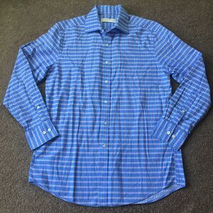 Michael Kors Men Blue Plaid Print Slim Fit Long Sleeve Button Down Shirt 15 1/2